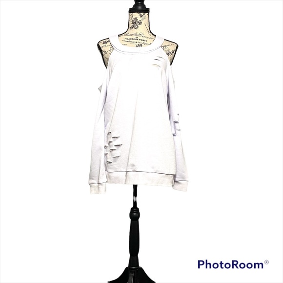 Cezele Collection Womens Cold Shoulder Long Sleeve Distressed Sweatshirt - Picture 1 of 6